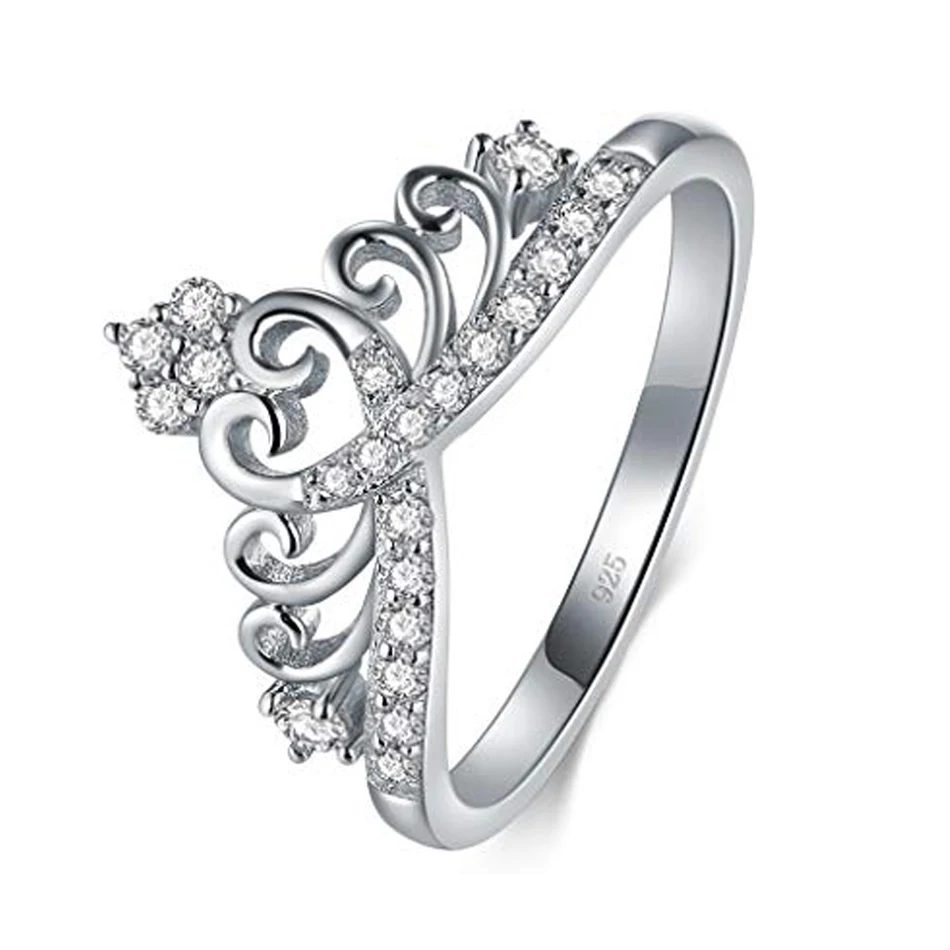 925 Sterling Silver Princess Crown Tiara Cubic Zirconia Ring Band 