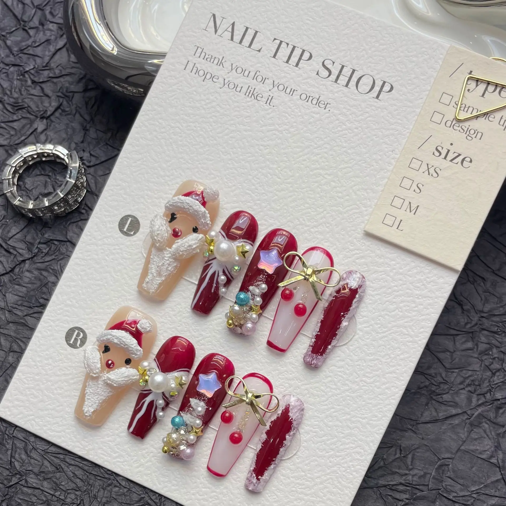 Design #1215 10pcs French Red Christmas Tree Pattern False Nails 