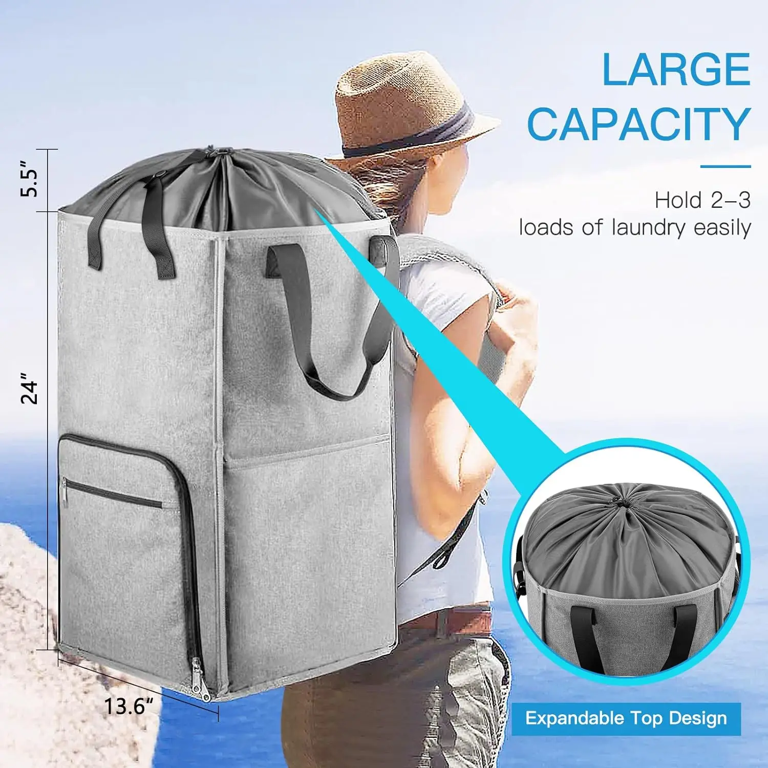 2024 New Design 900D Polyester Fabric Laundry Backpack Bags Collapsible Dirty Clothes Storage Hamper Basket
