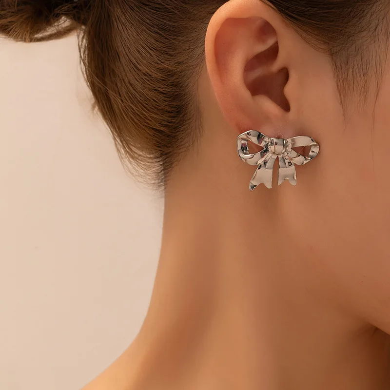 product trendy 18k gold  silver plated bowknot shaped stainless steel stud earrings for women fashionable european american style gift-2