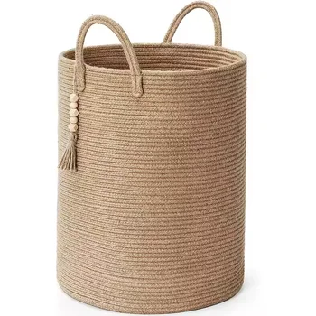Handmade Farmhouse Durable with Handle for Living Room Bathroom Wicker Laundry Basket Cotton Woven Basket