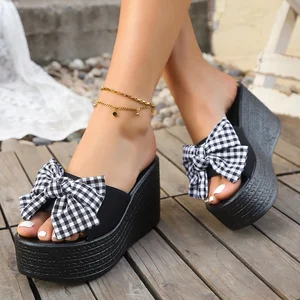 QuiteS 2026 Summer New Large Size Houndstooth Bow Sticky Flower Platform Sandals Casual Elegant Office Shoes for Women Outdoor