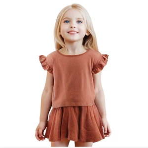 Wholesale 100% Cotton Girl T-Shirt Vintage Style Basic Plain Blouse Top with Ruffles Natural Plant Dye Casual Blouse for Babies