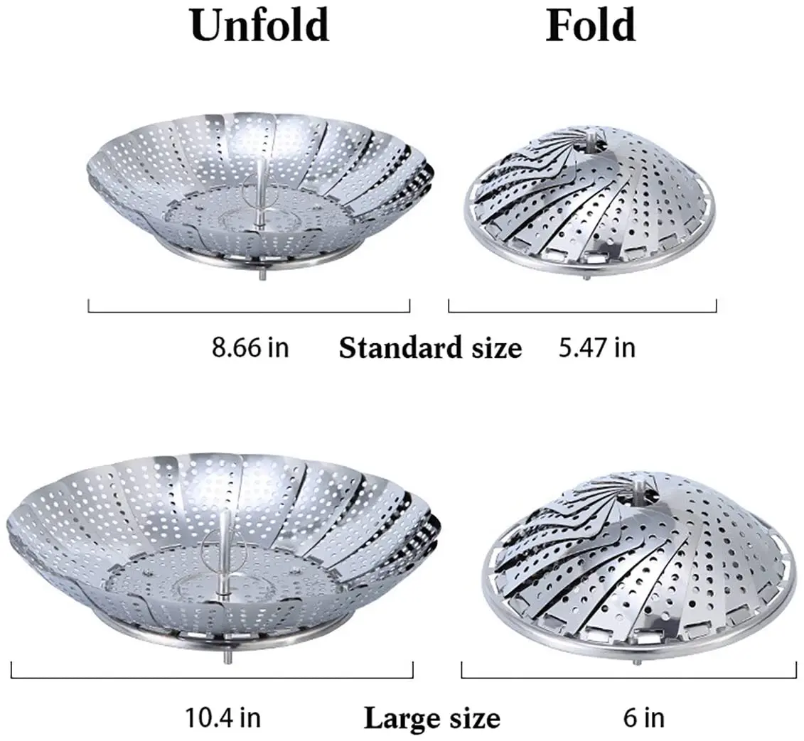 Vegetable Steamer Basket,Stainless Steel Folding Steamer Basket Insert for  Cooking Veggies/Fish Seafood/Boiled Eggs with Safety Tool,Adjustable Sizes