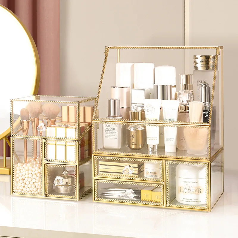 Boîte de rangement de cosmétiques en verre transparent, anti-poussière, ménage, bureau, rouge à lèvres, produits de soins de la peau, étagère à parfum