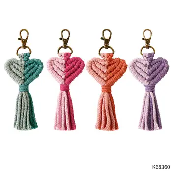 Heart-shaped Boho tassel couple key chain Hanging tassel lace key chain Woven handmade cotton accessories key chain