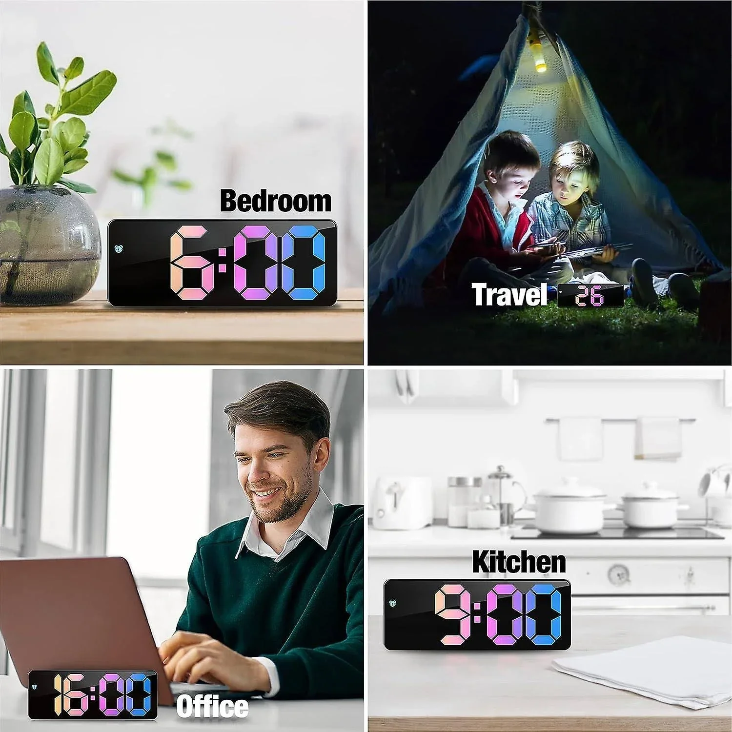 Large Square Display Adjustable Volume Colorful LED Digital Table Desktop Mirror Alarm Clock for Bedroom Living Room