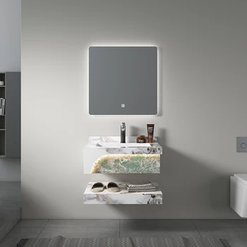 Modern Customization] Simple Rock Slab Wall Mount Wash Basin Cabinet Sintered Stone Sink Floating Bathroom Vanity