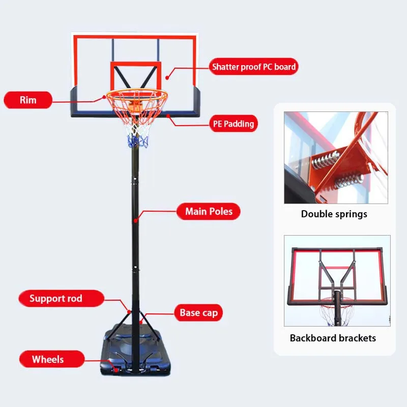 Portable Basketball Hoop with Backboard System New Design Stable Base and 2 Wheels Court Equipment for Outdoor Play