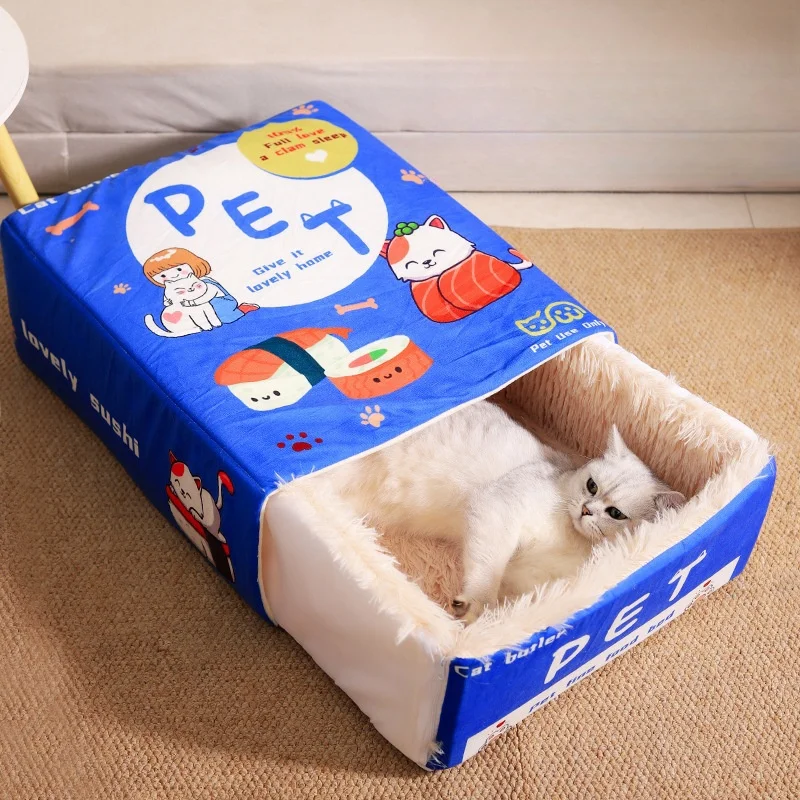 New Snack Box Plush Pet Bed Fully Enclosed Cookie Box Shape Warm Soft Windbreak Cute Pull Out Cat House Cushion Pet Products