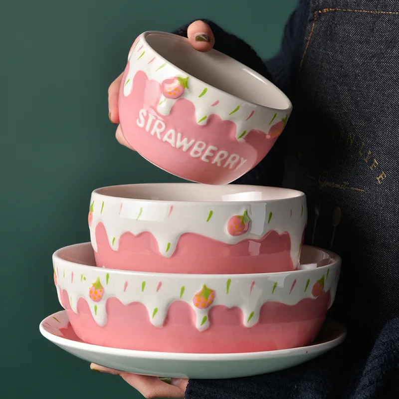 Ceramic Embossed Design Ice Cream Bowl Pink Strawberry Stereo Four Piece Set Wholesale Breakfast Bowl Plate
