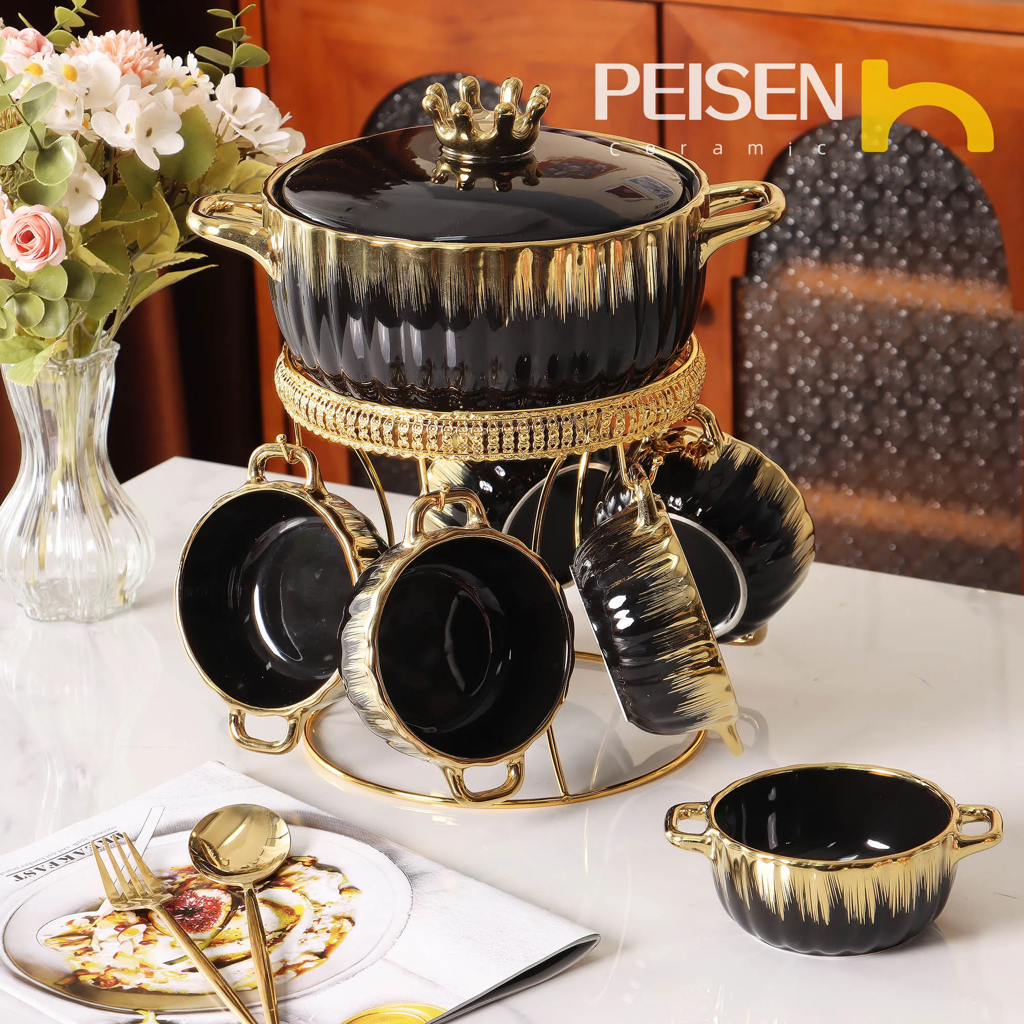 Large Capacity Ceramic Soup Bowl with Cover Gold Edge White Black pink Dark Green 9-piece Set with Soup Bowl with Cover