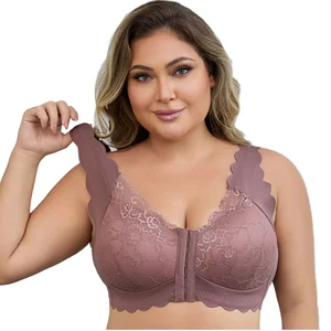 Stock Plus Size Sexy Full Coverage Lace Bralette Breathable Floral Knitted Wireless Padded Bra for Large Breasts Women