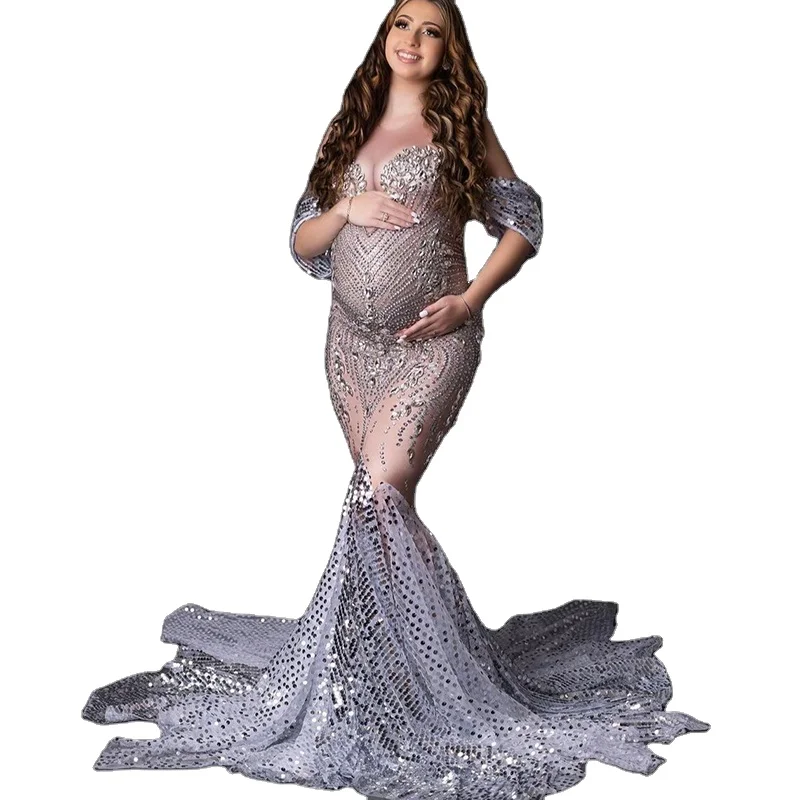 silver maternity photoshoot dress Penelope Maternity Photoshoot Gown