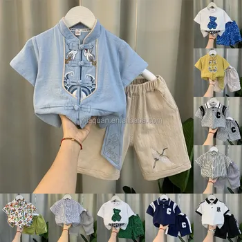 2024 Fashion children's T-shirt crew-neck print new cotton children's shorts 2 sets low-cost wholesale boys' suits