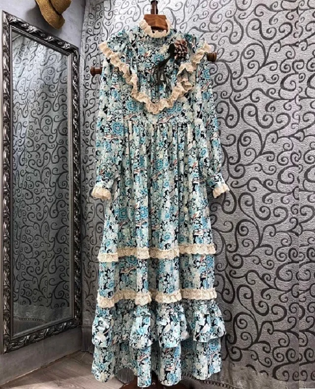 Top Quality New 2021 Spring Long Dress Designer Clothing Women Vintage Floral Print Ruffle Lace Deco Long Sleeve Maxi Dresses7774452130