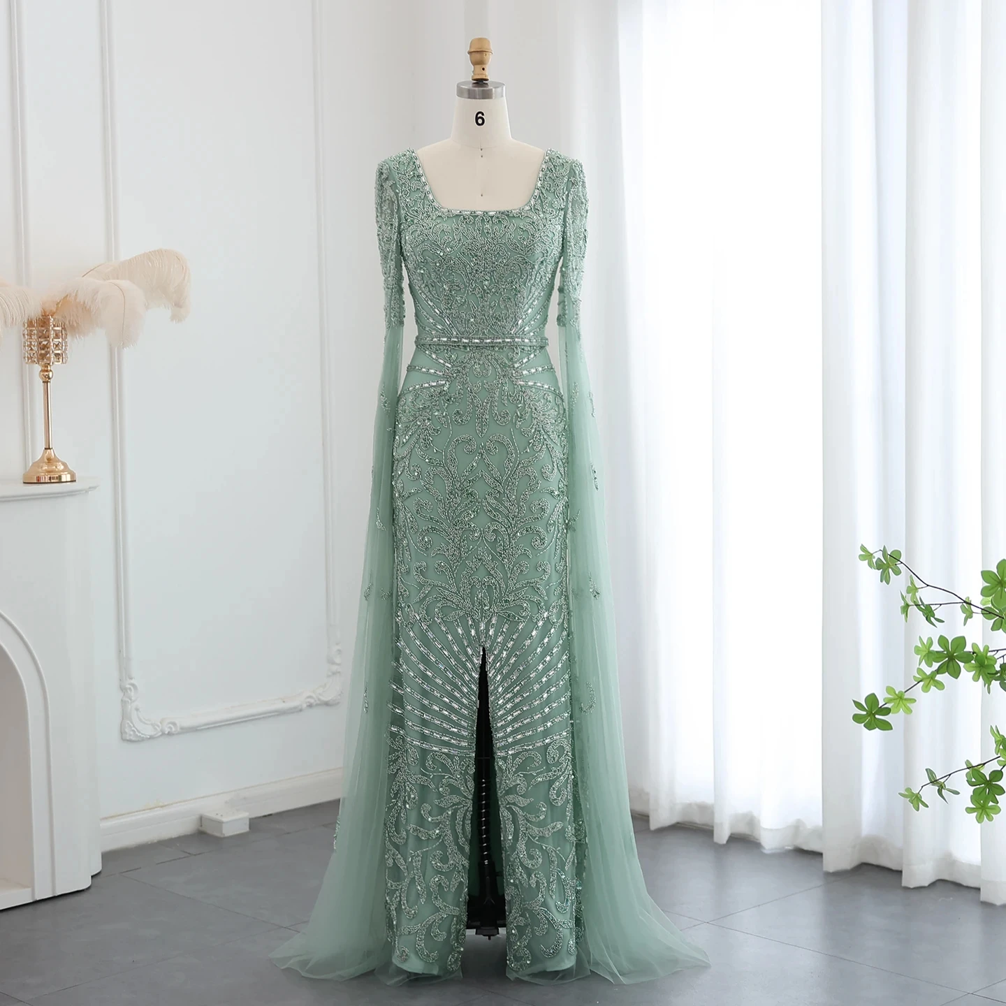 slim fit dress slacks Beautiful Prom Dress Pale Sage Green tulle With Handmade Fowers Long F –  Siaoryne main image 1