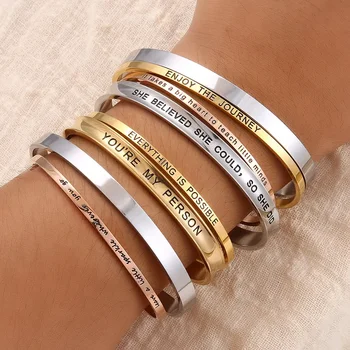 Fashion Custom Gold Color Inspirational Jewelry Personalized Positive Quote Engraved Cuff Bangle Custom Name bracelet