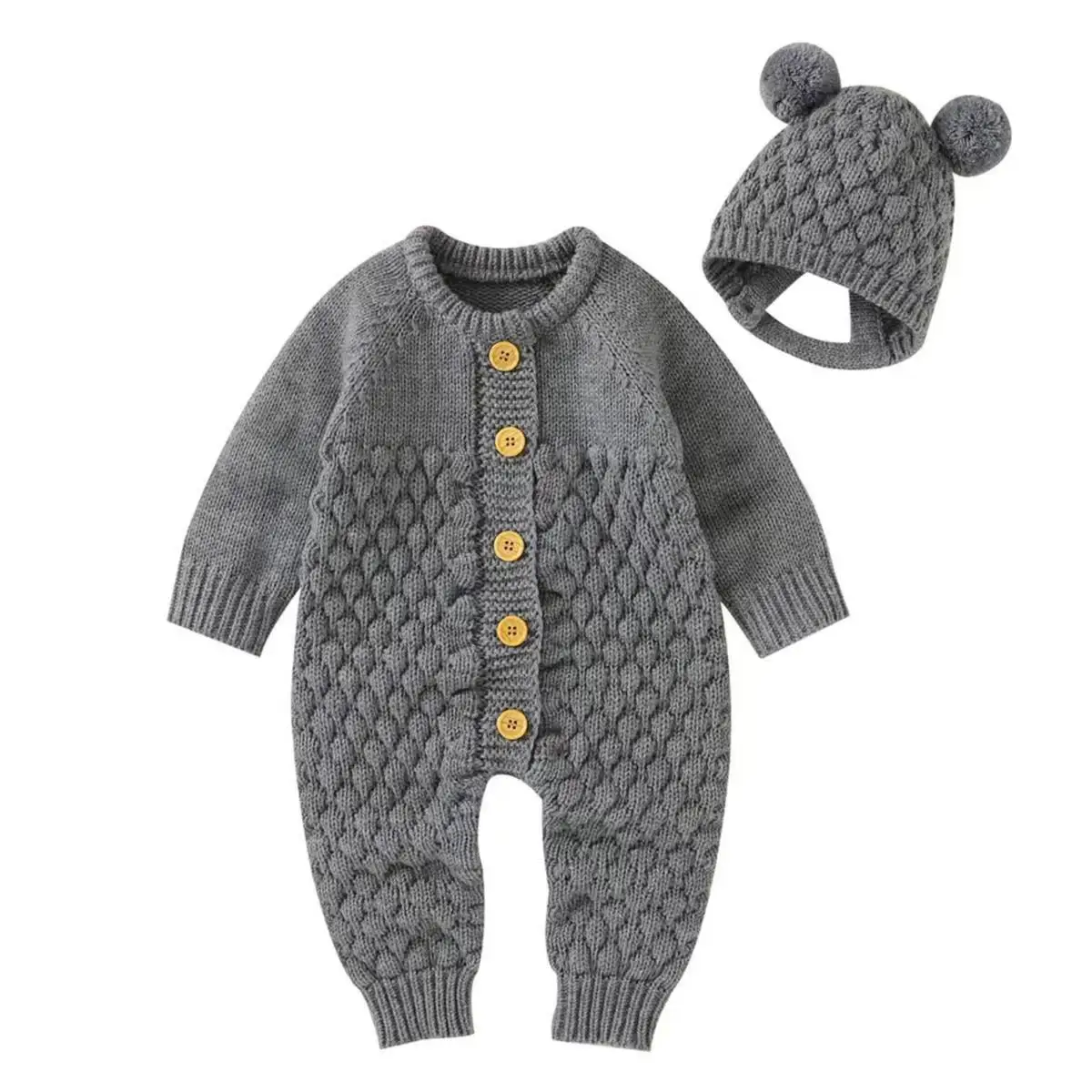 Baby Knitted Jumpsuit With Hat Autumn And Winter Newborn Sweater Infant ...