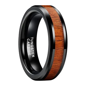 Coolstyle Jewelry 6mm Black Tungsten Finger Ring for Men Women Engagement Wedding Band Koa Wood Inlay Polished Comfort Fit