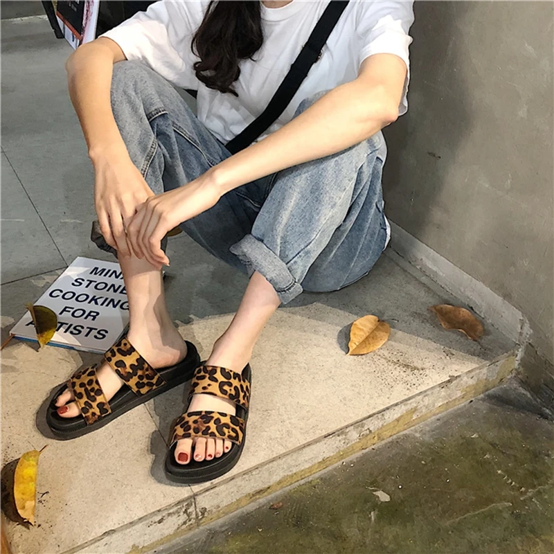 leopard two strap sandals