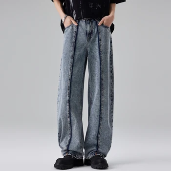 Hot Sale Vintage Blue Washed Ripped Distressed Street Style Straight Distressed Jeans for Men