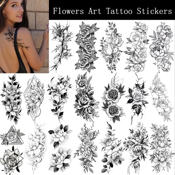 Временные татуировки с цветами, наклейки, розы и бабочки разных цветов, смешанные стили, боди-арт, временные татуировки для женщин