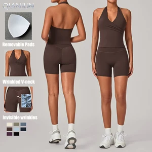 Women's Sexy Workout Gym Suit Quick Dry Naked Feeling Yoga Set Custom Logo Halter Crop Top Shorts Breathable Solid Fitness Quick