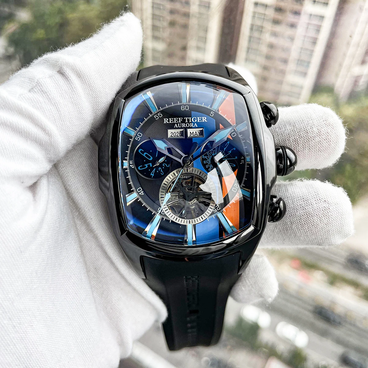 Reef Tiger Luxury Tank-Track Sport Watch for Men, 45mm Automatic