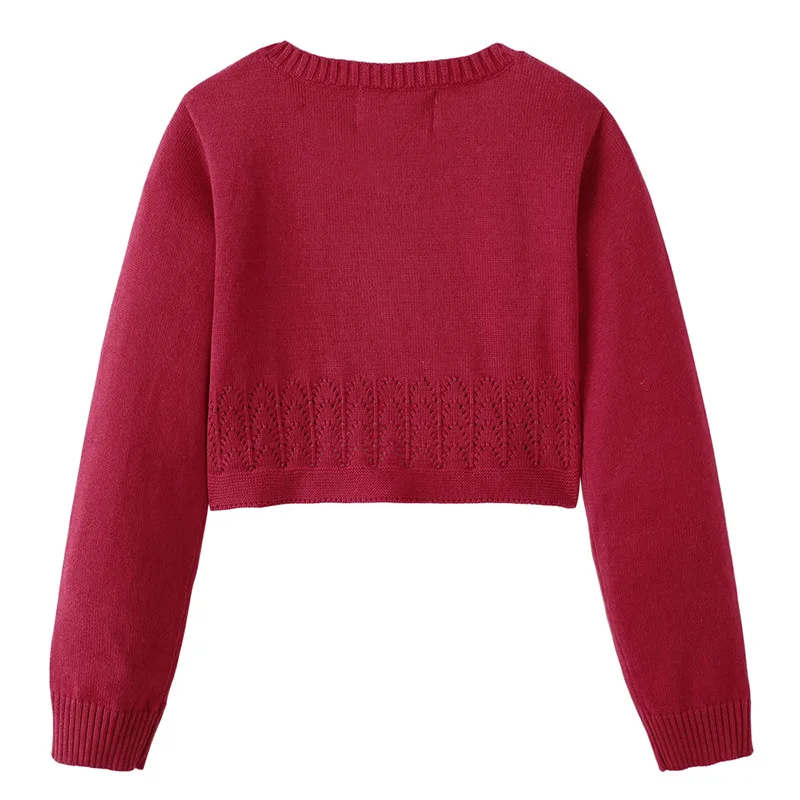 Wholesale Pure Cotton Pointelle Bolero Girl's Lace Effect Trim Knitted Cardigan Sweater Knitwear Long Sleeve Short Cardigan