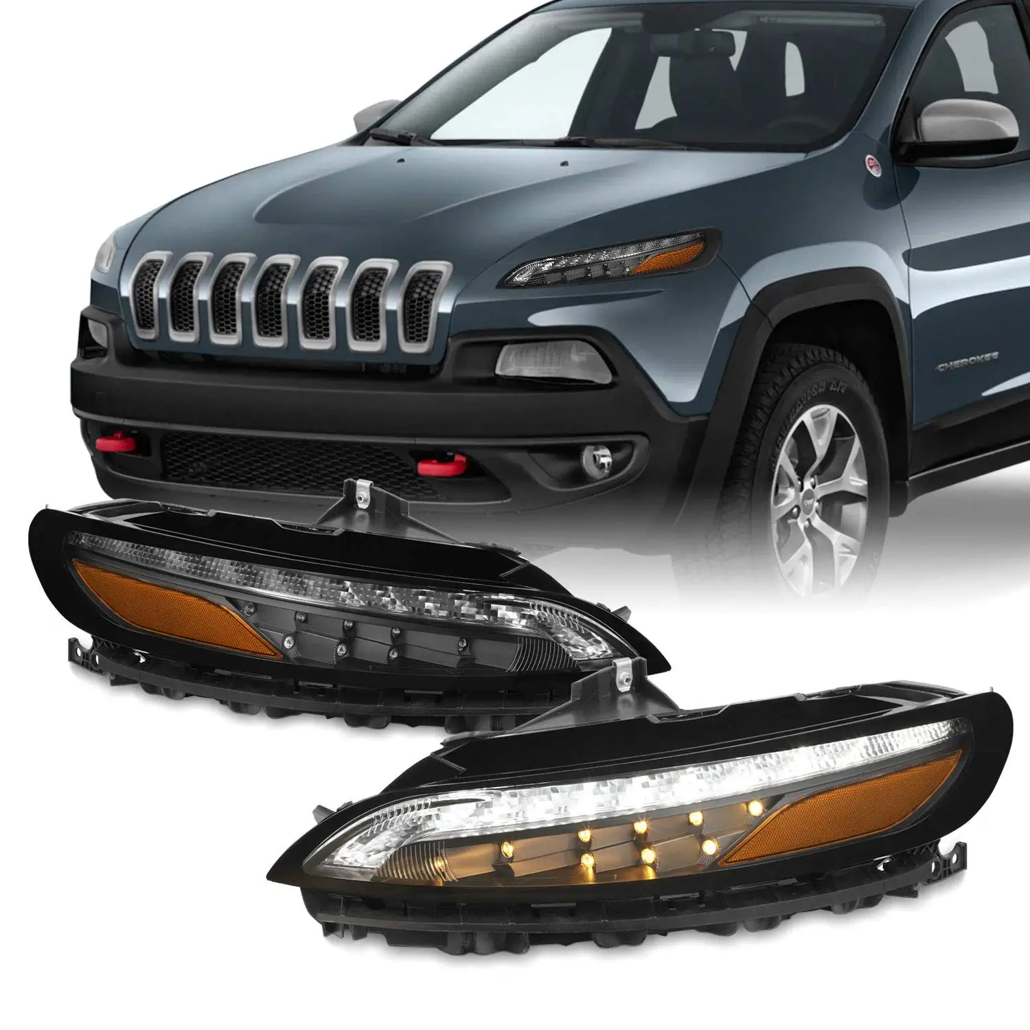 For Jeep Cherokee 2014-2018  KL LED Daytime Running Lights DRL w/Turning Signal Lamps Black Housing