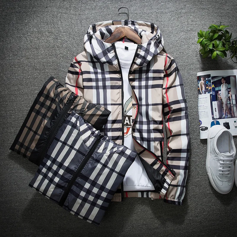 Fashion men's plaid windproof hooded online jacket