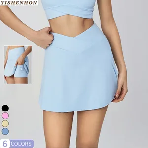 YISHENHON Summer Ladies Custom Logo Sport Skirt High Quality Fitness Apparel Breathable Sport Running V Cross Tennis Skirts