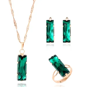 New Fashion Rectangular Jewelry Set Gold Plating Green Crystal Customized Jewelry Women Set