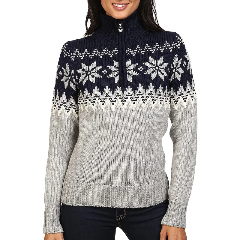 Custom Logo Turtleneck Neck Wool Fair Isle Jacquard Half Zip Sweater Knit Pullover Cloth Warm Norway Skiing Sweater Women
