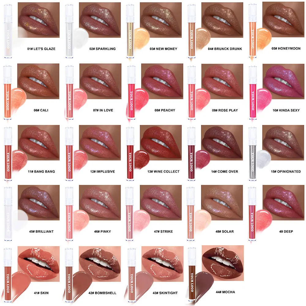 MLM Custom Makeup Vegan Formula No Brand Beauty Product Unique Lip Gloss Tubes Shimmer Glitter Jelly Clear Nude Glossy Lip Gloss