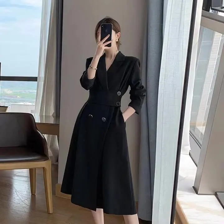 Ohsisa New Arrival Women Korean Suit Dress V-neck Button Decor Long Sleeve Dresses Lady Elegant Black Casual Midi Long Dress