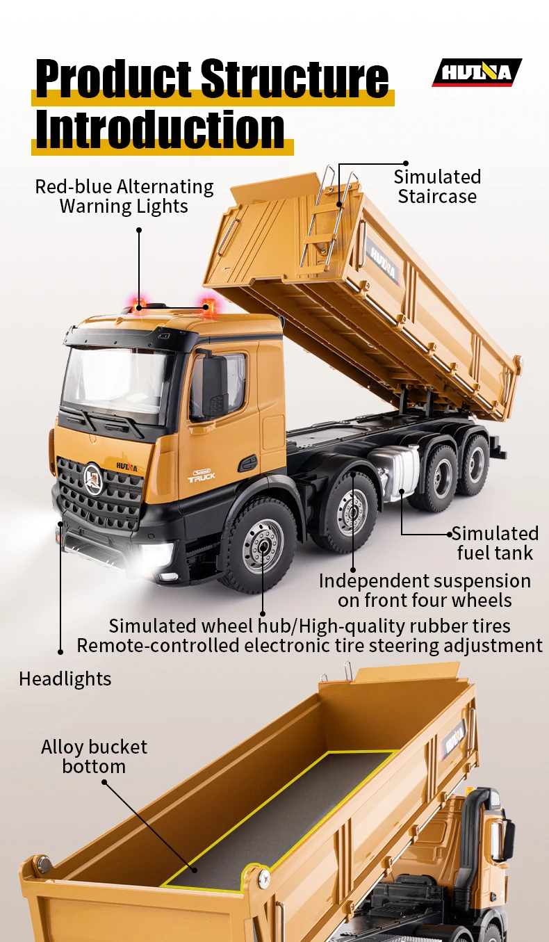 HUINA 1536 RC Car 8-Wheels Heavy-Duty Vehicle 1/14 Large Dump Truck Alloy Engineering Truck Cargo Remote Control Toys Model