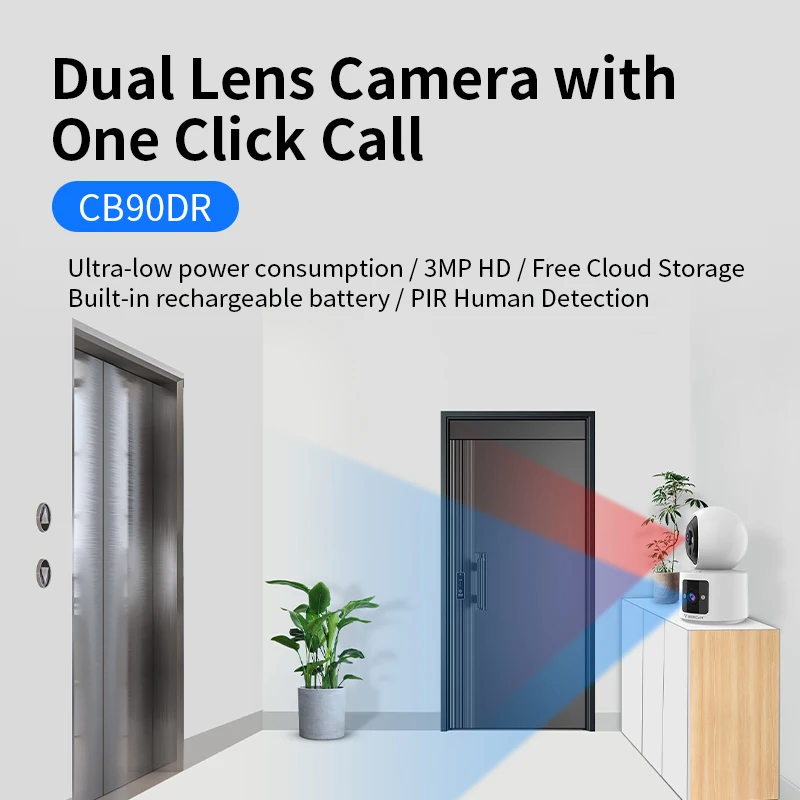 CB90DR One Click Call OKam Pro 3MP Full HD New Design CB90DR Indoor Camera 360 Wifi Battery Camera PIR Dual Lens Camera