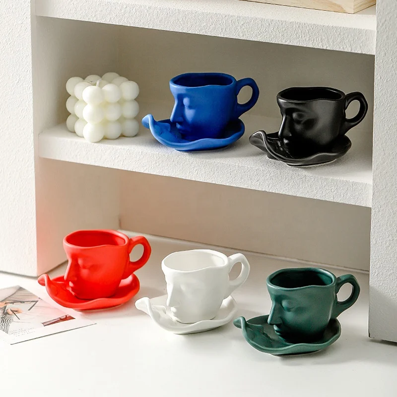 Nordic Ceramic Coffee Mug Unique 100ml/260ml Face Sculpture Design Wholesale Espresso Cup for Cafe Shop and Party Occasions