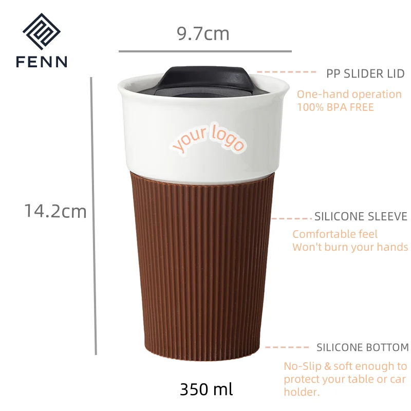 Reusable convenient handleless travel water mugs custom logo ceramic travel coffee mugs with lid and silicone sleeve