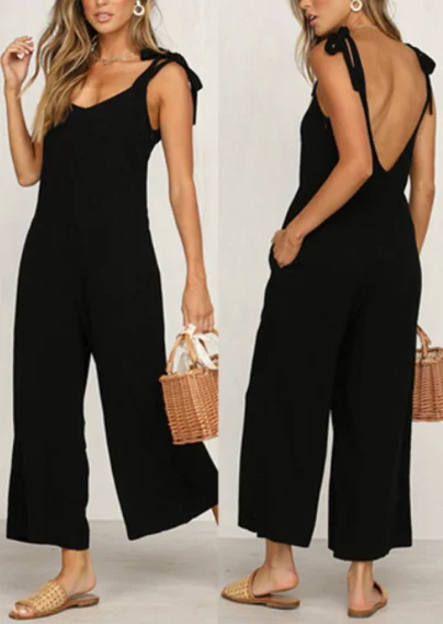 Tied Shoulder Strap V Neck Deep V Backless Sexy Summer Jumpsuit Long Pants Loose Casual Korean Fashion Clothes Women Jumpsuits