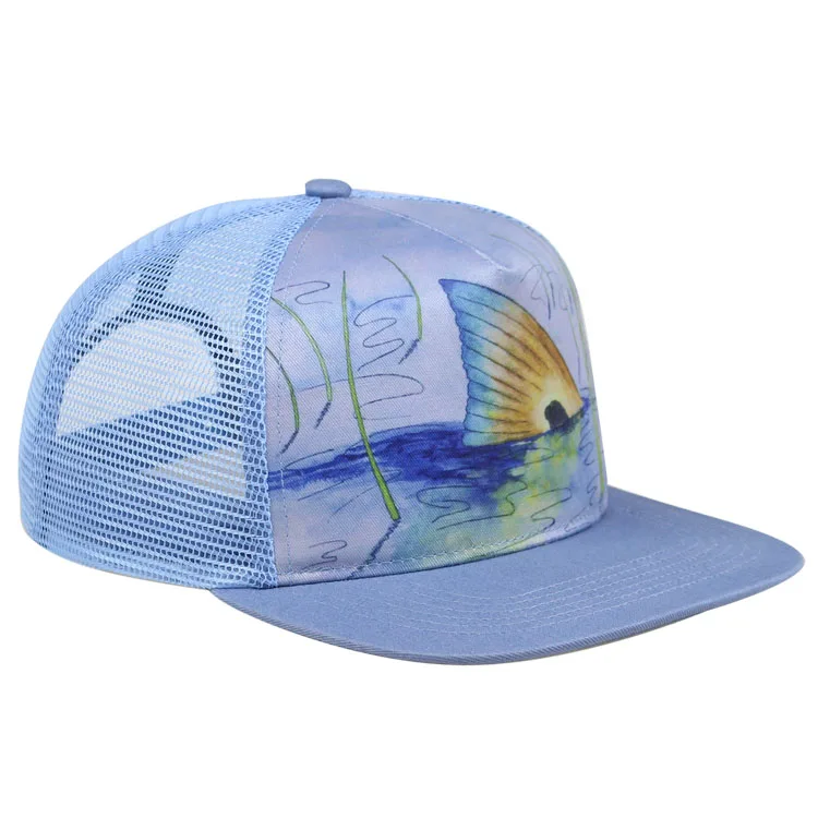 Custom 5-Panel Flat Bill Mesh Trucker Hats with 3D Embroidery Sublimation Printed for Sports and Outdoor Activities