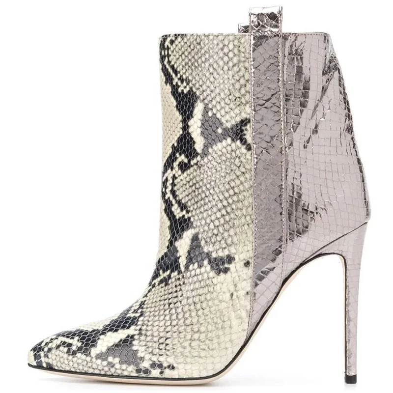 Trendy Color Matching Red Gold Snake Pattern Leather Pointed Toe Stiletto Heel Ankle Boots Women Short Boots High Heels Booties