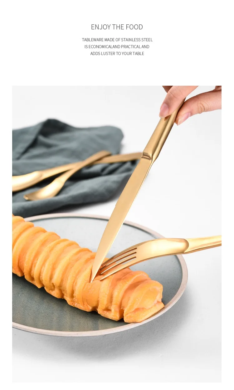 304 Stainless Steel Flange Wire Titanium-Plated Rose Gold Knife Fork and Spoon Four-Piece Tableware Set Western Food Hotel Steak