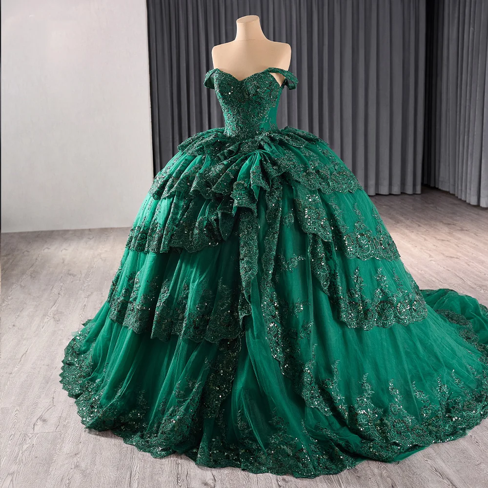 Emerald Green Beading Quinceanera Dresses - Mexican Appliques Ball Gowns