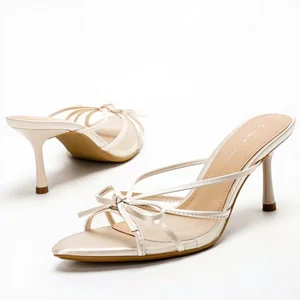 4302A-66 Summer Fashionable Women's High-Heeled Mule Slippers Breathable Lace Bow Decor Open Toe Wedding and Outdoor Sandals