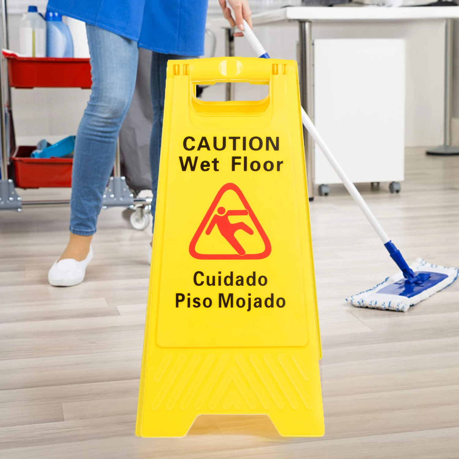 Indoors Public Safety Comercial Janitorial Supplies Yellow Hanging Pop-Up Cone-Shape A-frame Fold Out Caution Wet Floor Sign