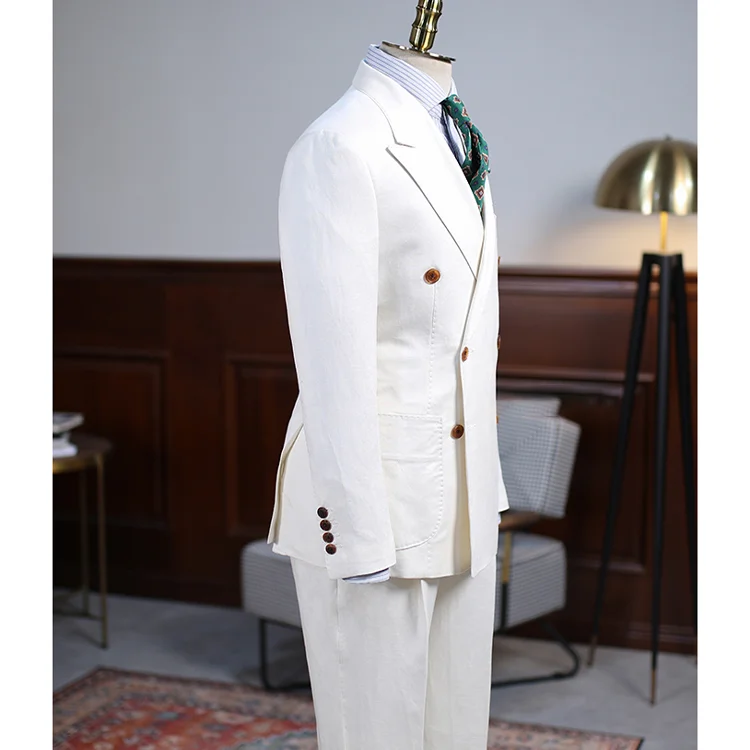 Retro Style Plain Linen Cotton Blend Double Breasted Wide Peaked Lapel 2-Piece Men's Suit
