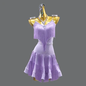 Rhinestone Tassel Children's Latin Dress Kids Girls Skirt Competition Dance Dress Performance Costumes